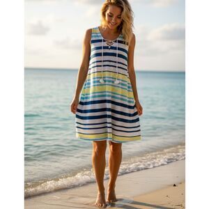 Ann Taylor Loft Size L Swimsuit Cover Up Mini Dress Striped Tassels Flowy Beach